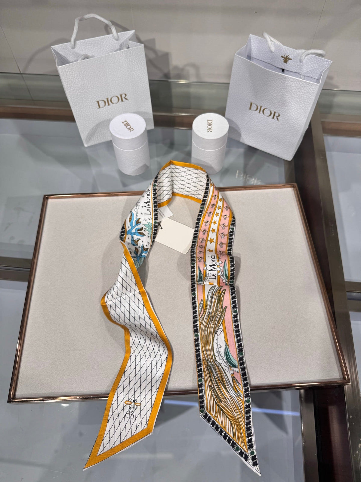 Dior 2026 Le Monde Mitzah Scarf 100cm Yellow Mix White Silk 203881