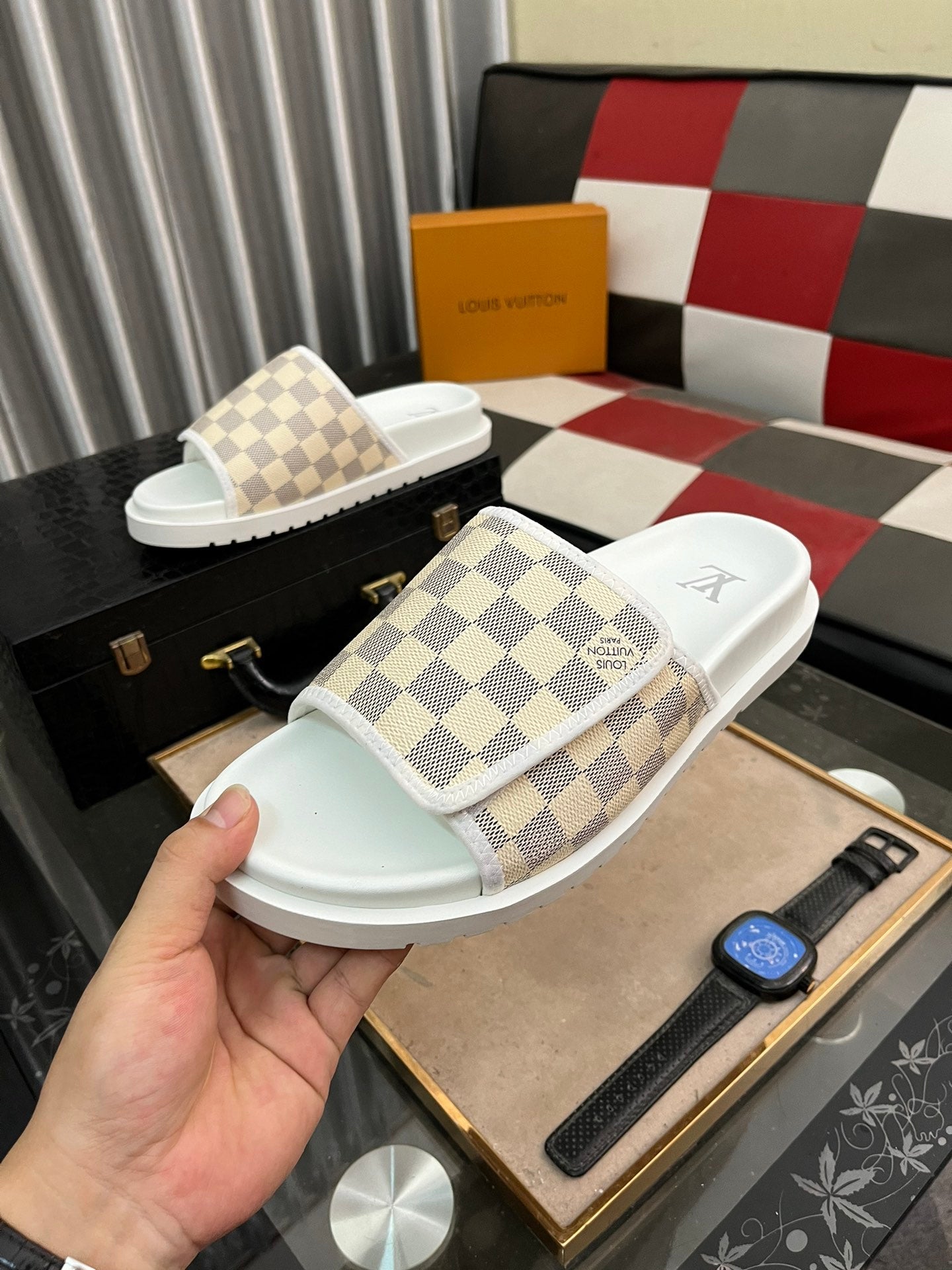 MIAMI MULE IN BEIGE CREAM DAMIER JACQUARD