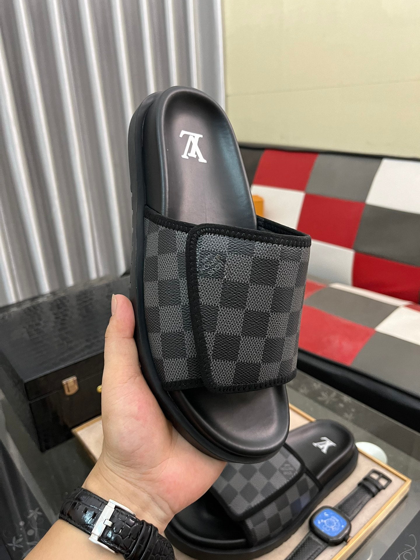 MIAMI MULE IN BLACK DAMIER JACQUARD