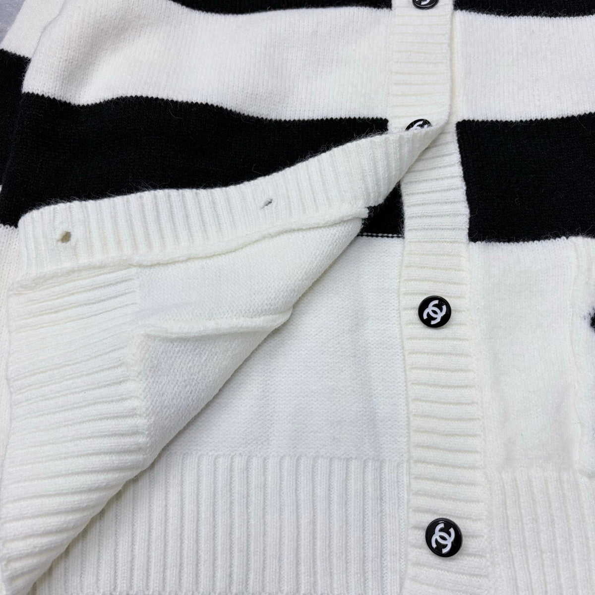 Chanel 2026 Pocket Logo Crew Neck Cardigan Black White Wool 244685