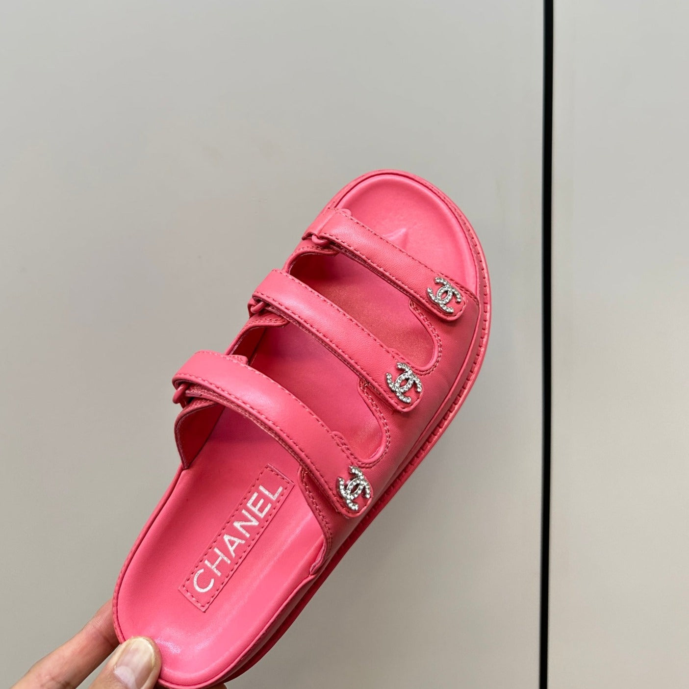 dad sandals dark pink triple strap lambskin mules
