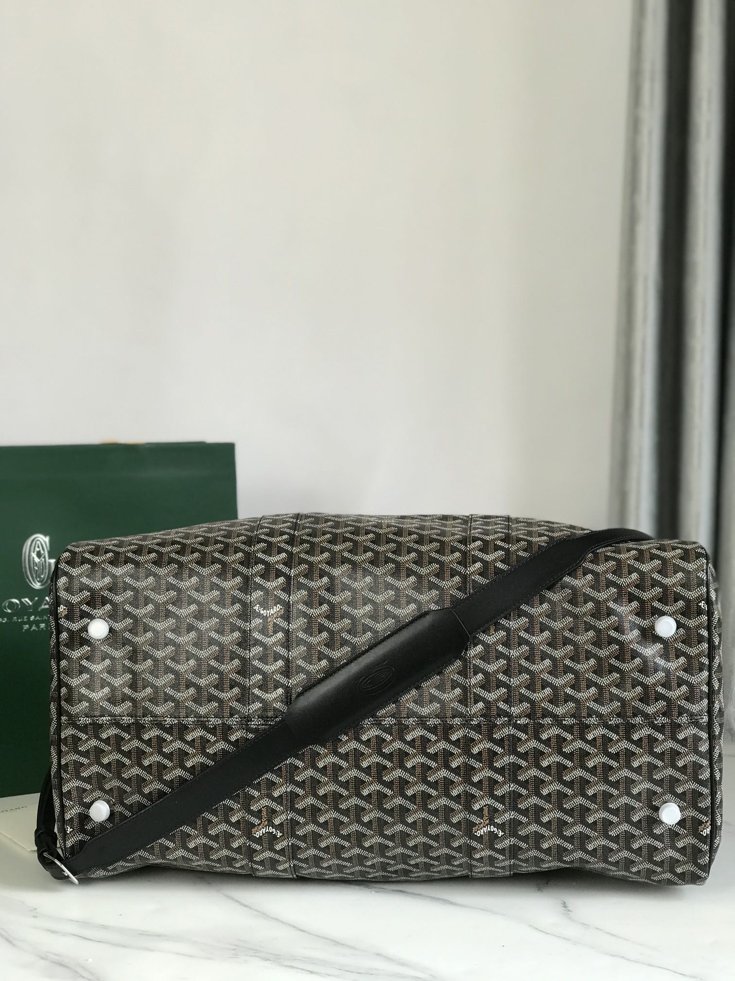 BOSTON 50 BAG IN BLACK GOYARDINE CANVAS AND CALFSKIN TRIM