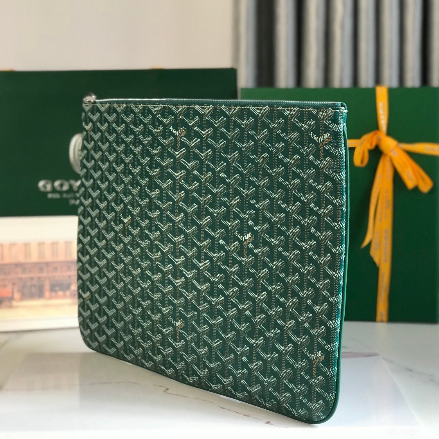 SÃ‰NAT MGM POUCH 40 IN GREEN GOYARDINE CANVAS