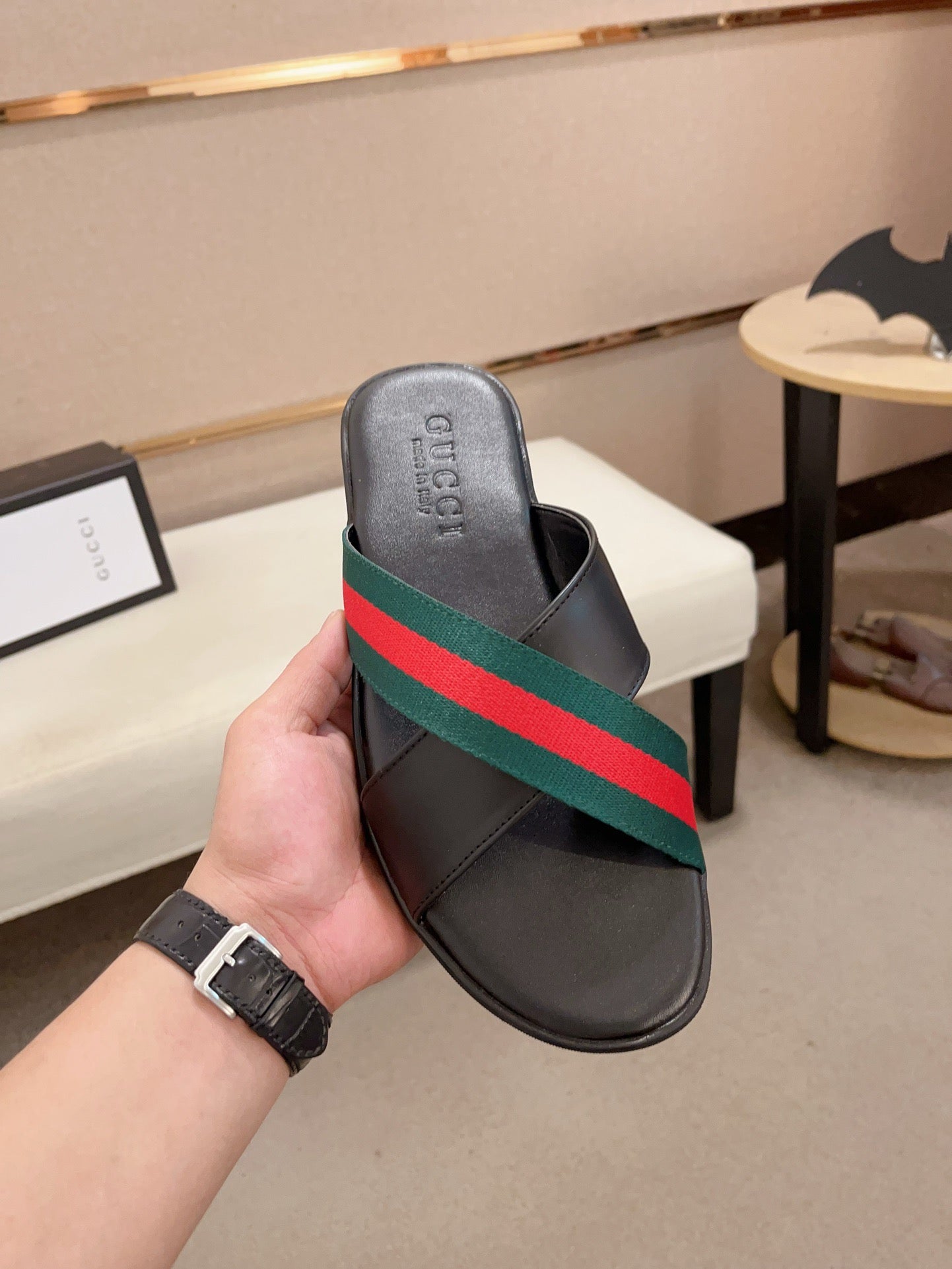GG Men's Web Slide Black Green Cowhide 554606