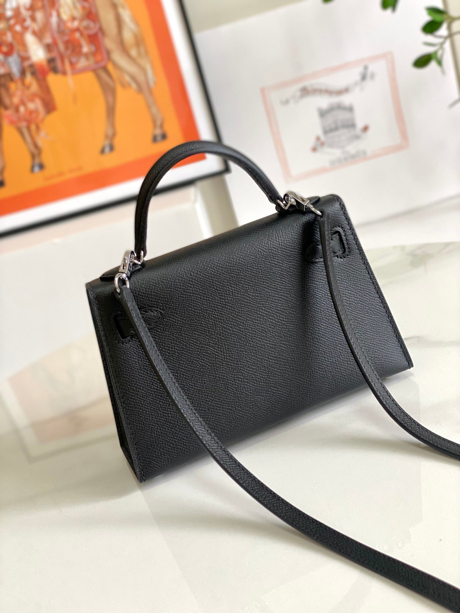 HM Mini Kelly 19cm Black Epsom Silver Hardware