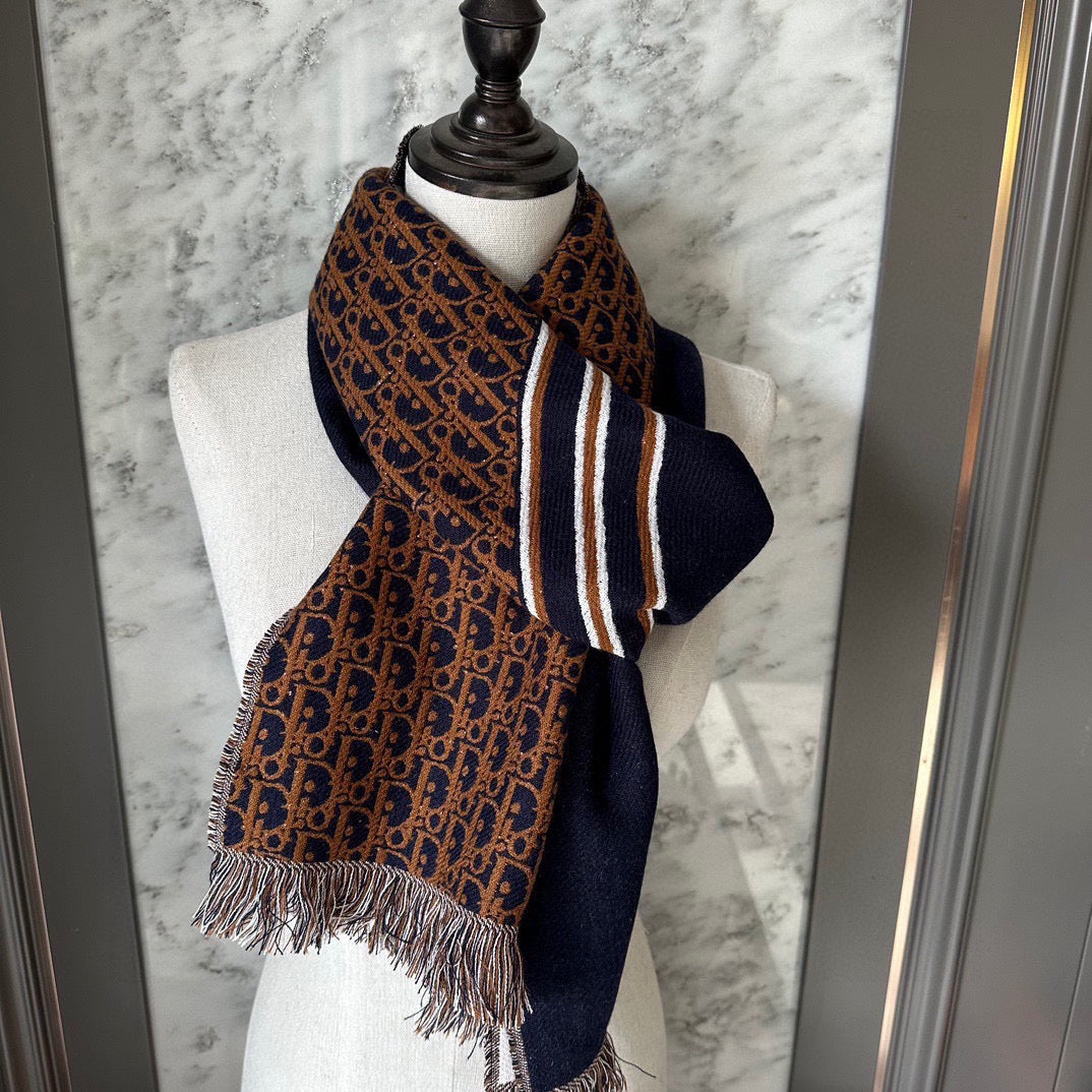 Dior 2026 Oblique Scarf 200cm Brown Mix Navy Blue Wool 199289