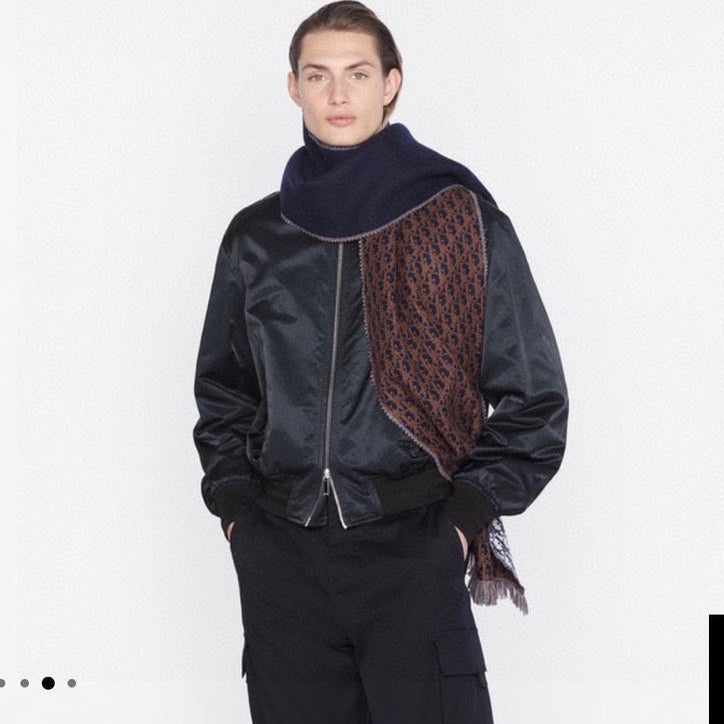 Dior 2026 Oblique Scarf 200cm Brown Mix Navy Blue Wool 199289