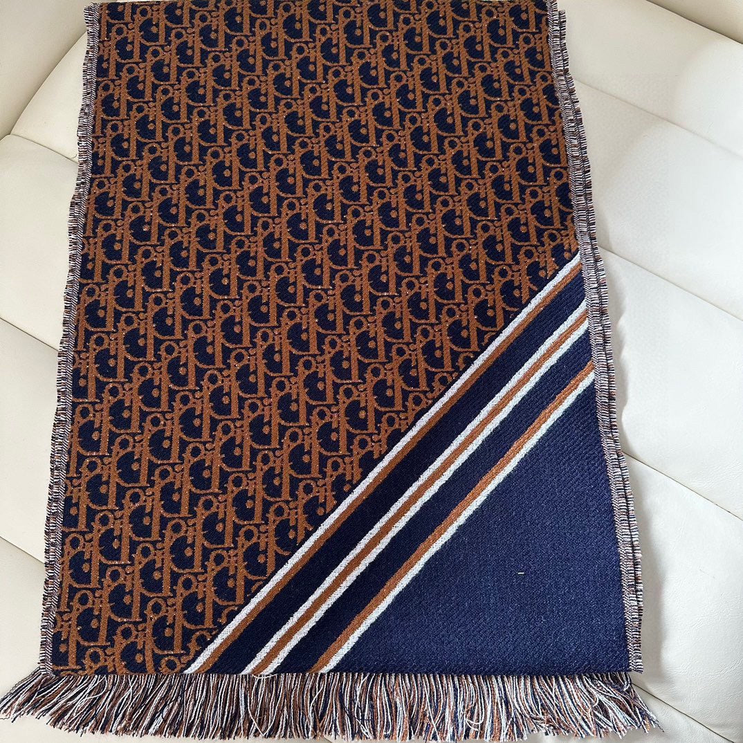Dior 2026 Oblique Scarf 200cm Brown Mix Navy Blue Wool 199289