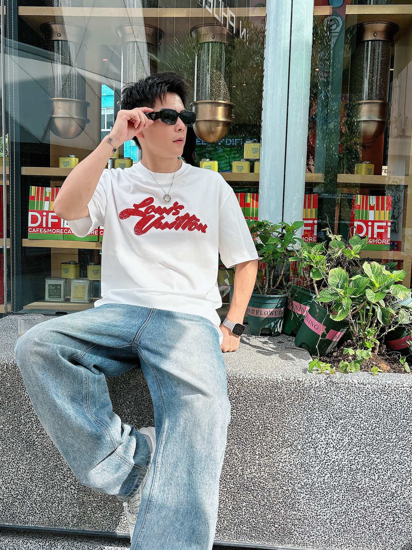 LV 26A Short-Sleeve T-Shirt White Red Cotton 406014