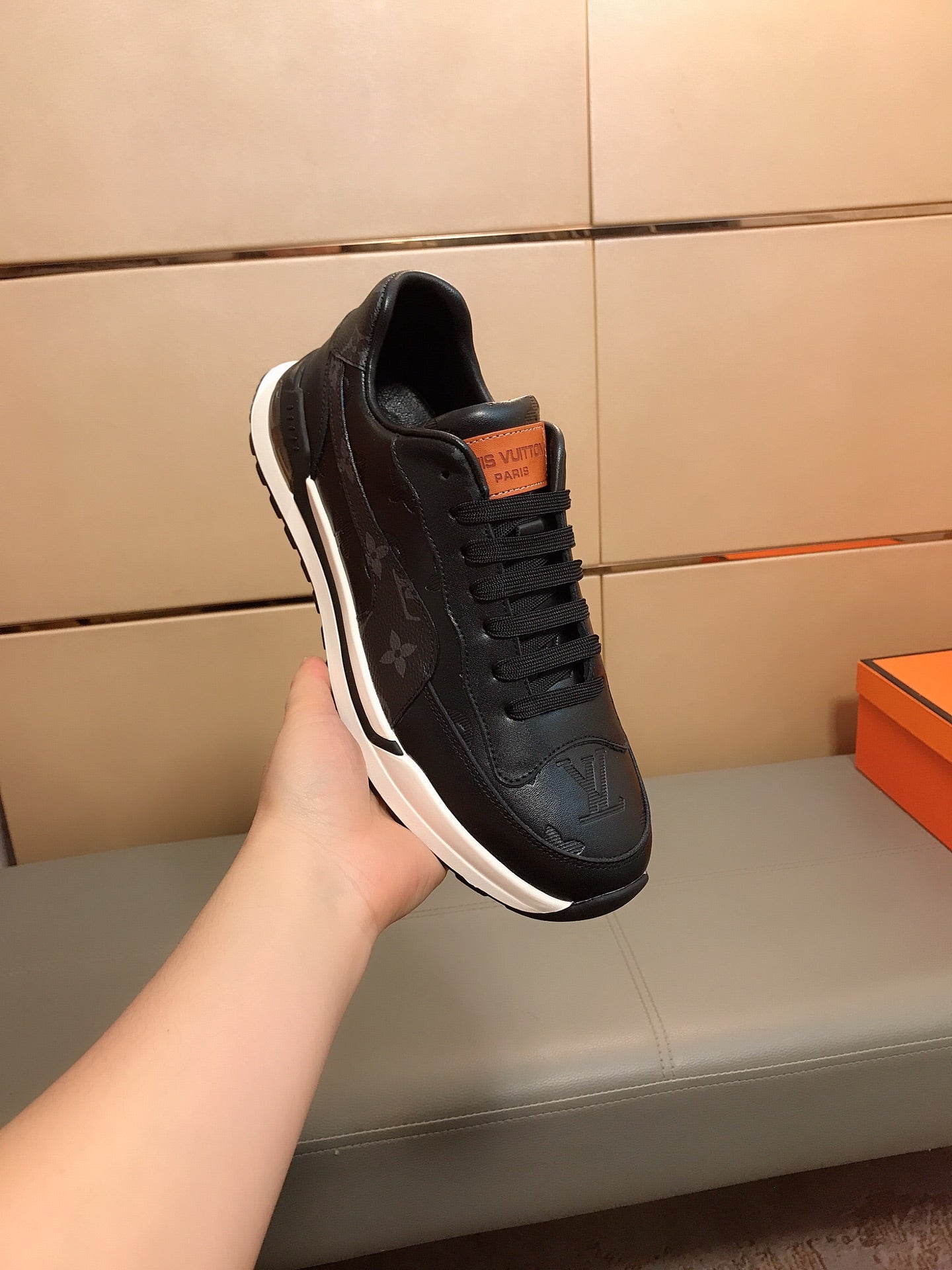 LV SNEAKERS IN BLACK CALFSKIN AND BRANDED PRINTED FABRIC