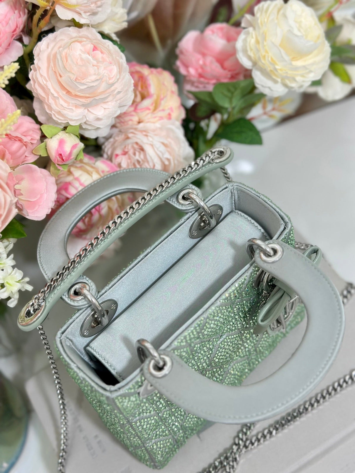 Dior 2026 Lady Dior Bag with Chain 17cm Green Cannage Satin and Strass