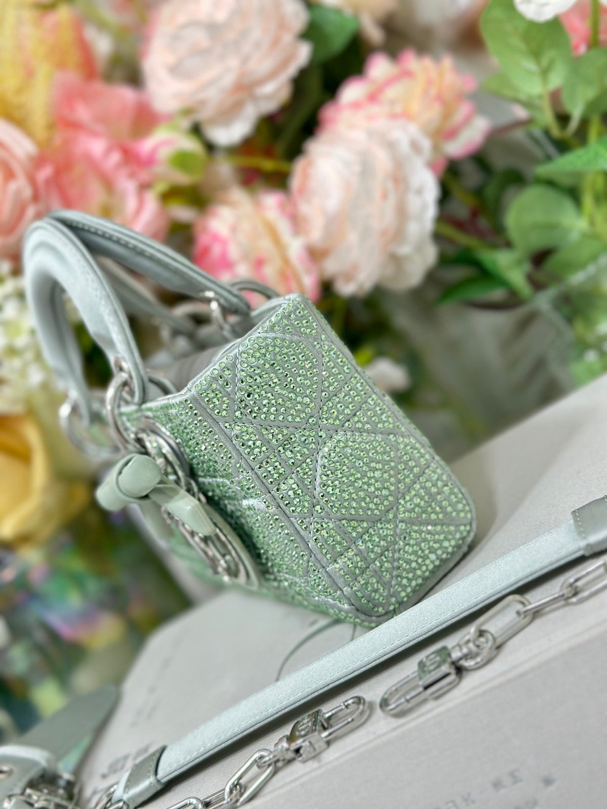 Dior 2026 Dior 2026 Lady D-Joy Bag 19cm Green Cannage Satin and Strass 166357