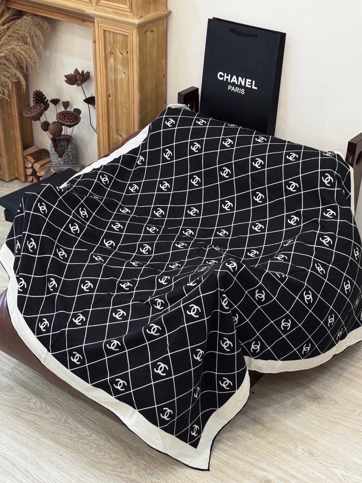 Chanel 2026 Diamond Pattern Scarf 140cm Black White Silk 214912