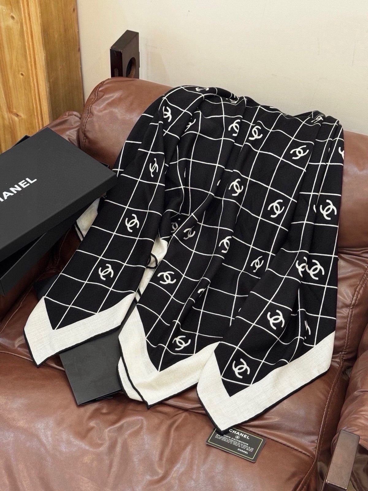 Chanel 2026 Diamond Pattern Scarf 140cm Black White Silk 214912