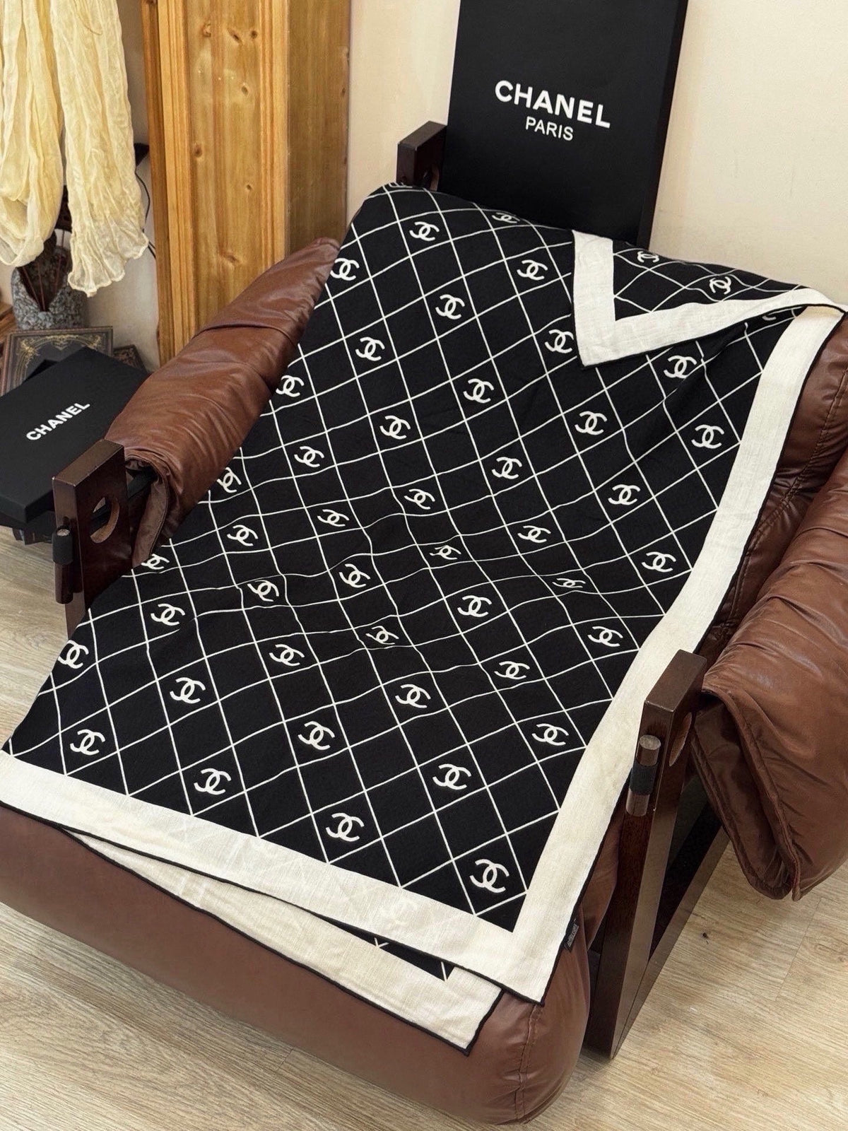 Chanel 2026 Diamond Pattern Scarf 140cm Black White Silk 214912