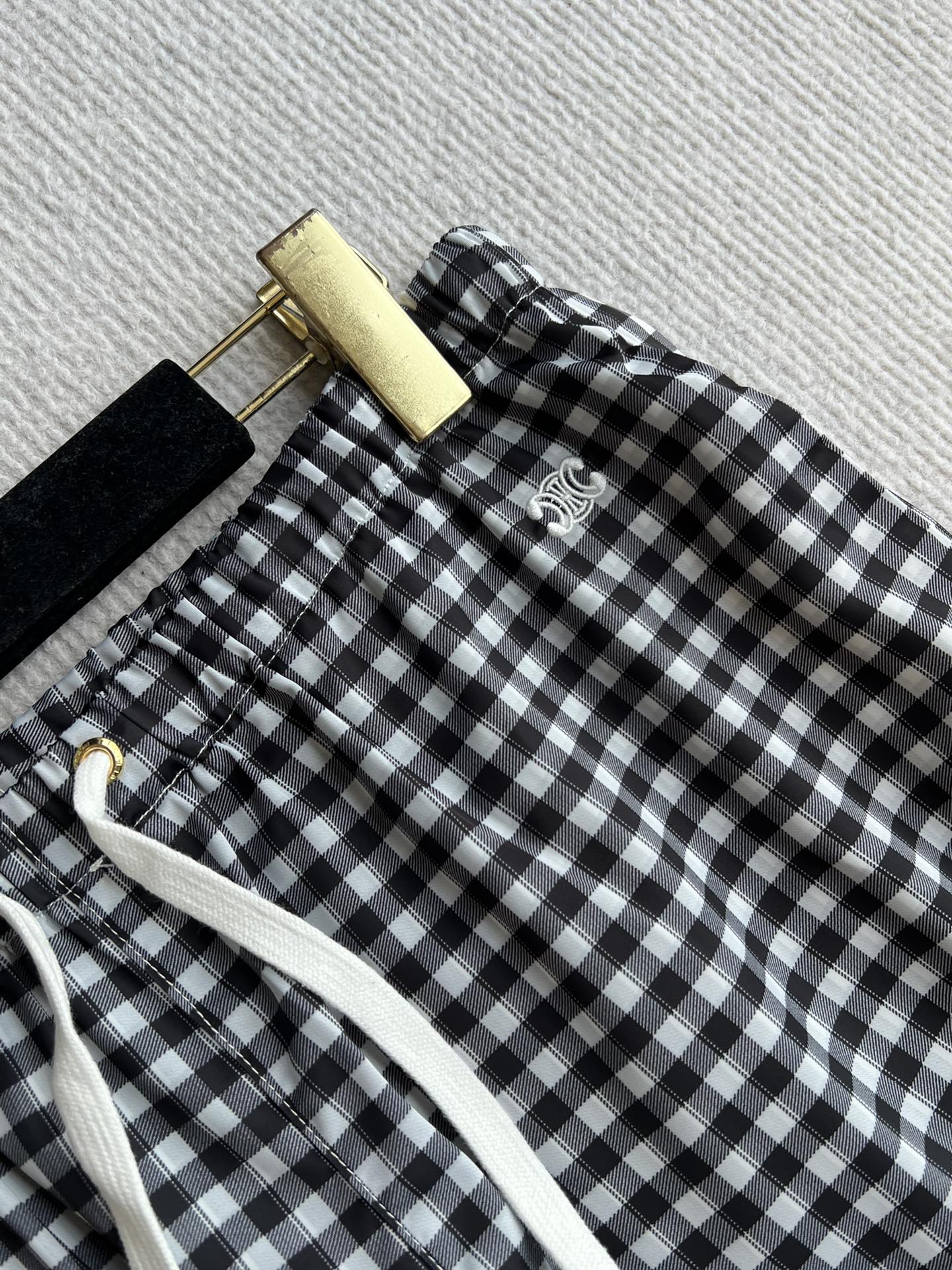 Celine 25 Arc de Triomphe Plaid Casual Pants Black White Polyester