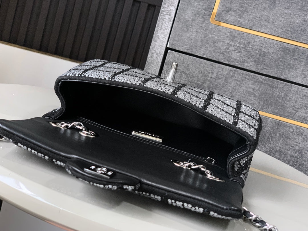 Chanel 2026 Crystal Embellished Flap Bag 20cm Black Silver Hardware Leather