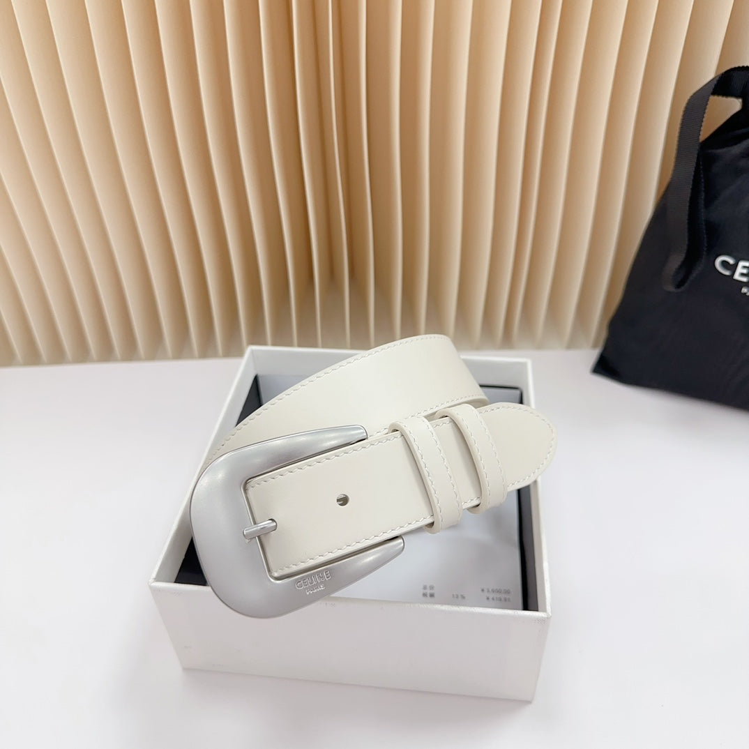 CEL Silver Western 35mm Belt White Cowhide 175055