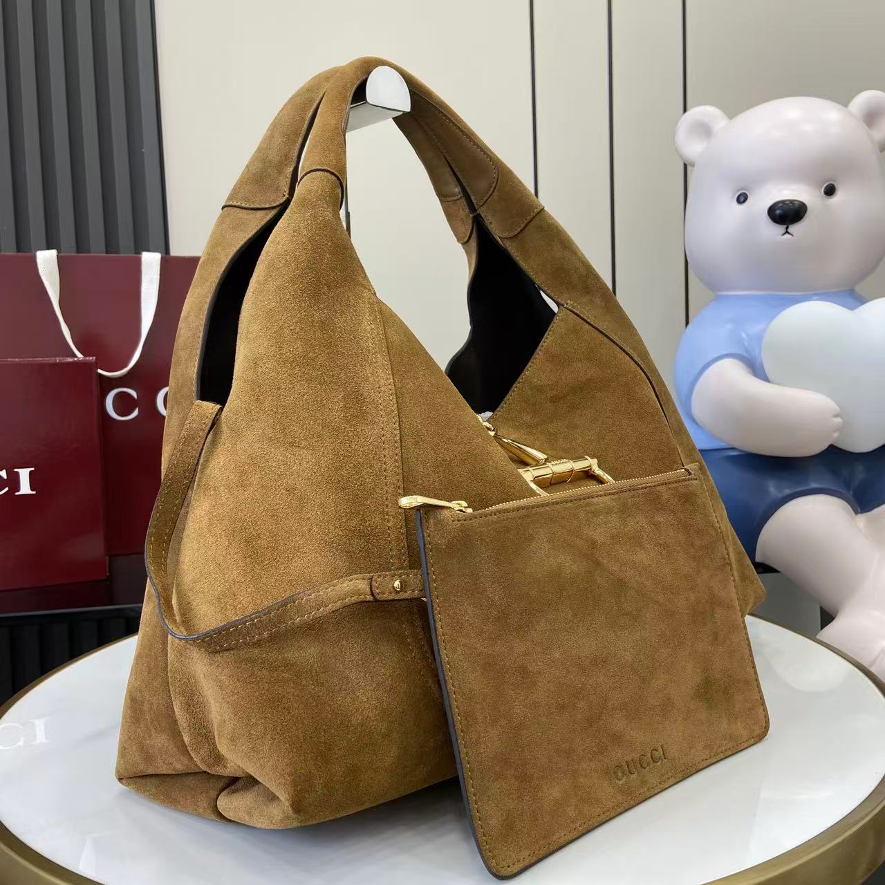 Gucci 25 Softbit Brown Gold Suede Leather 290512