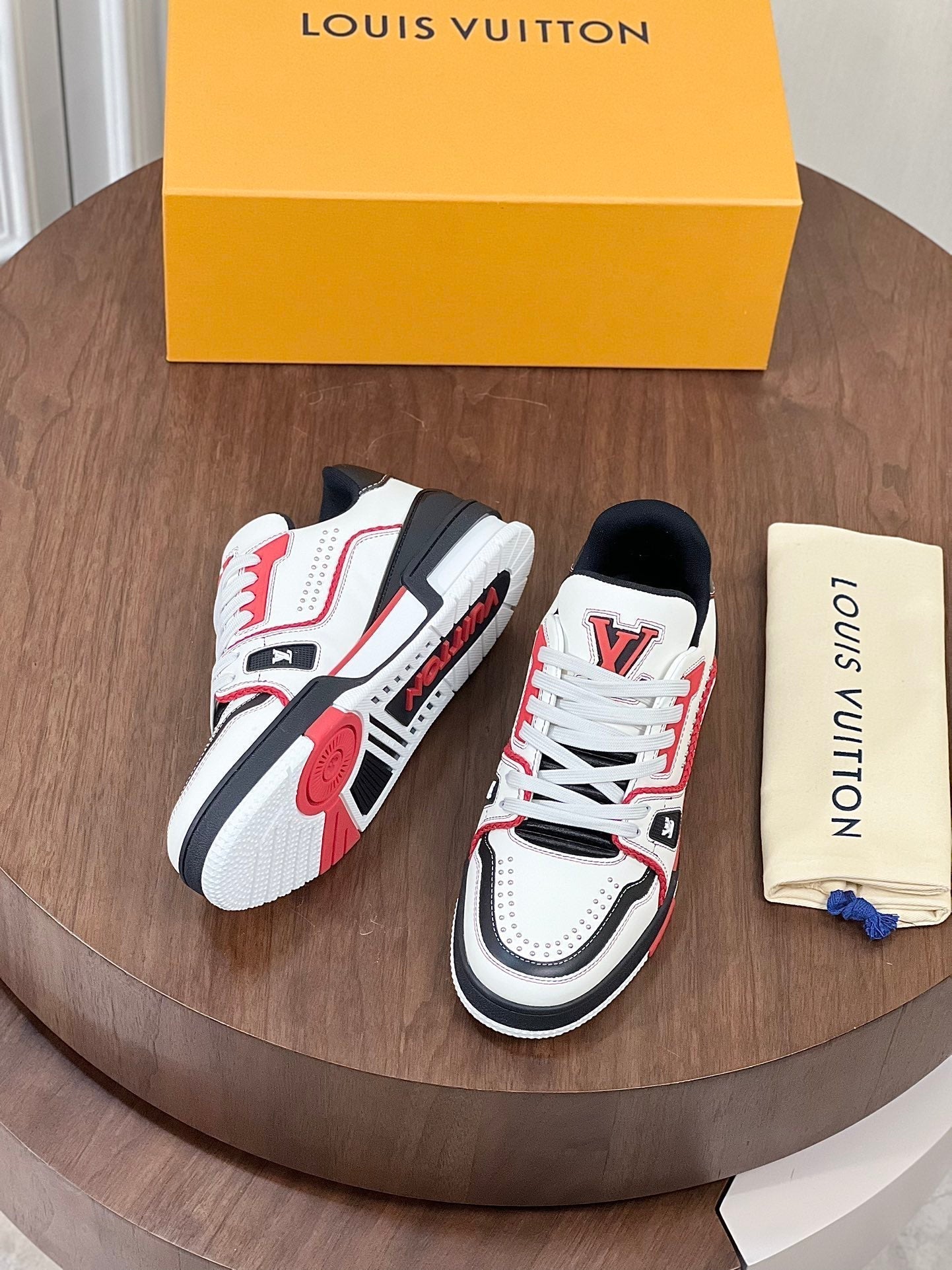 LV TRAINER WHITE MIX BLACK AND RED MONOGRAM CALFSKIN