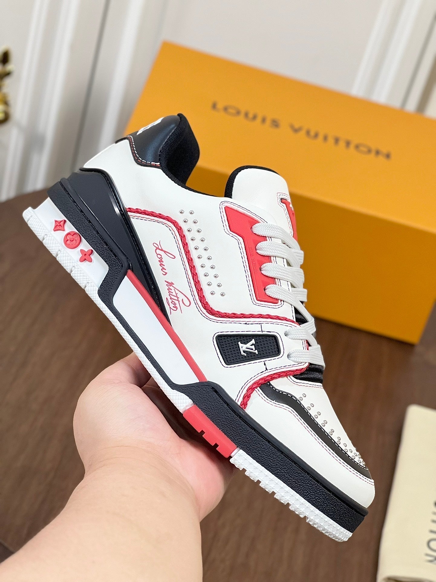 LV TRAINER WHITE MIX BLACK AND RED MONOGRAM CALFSKIN