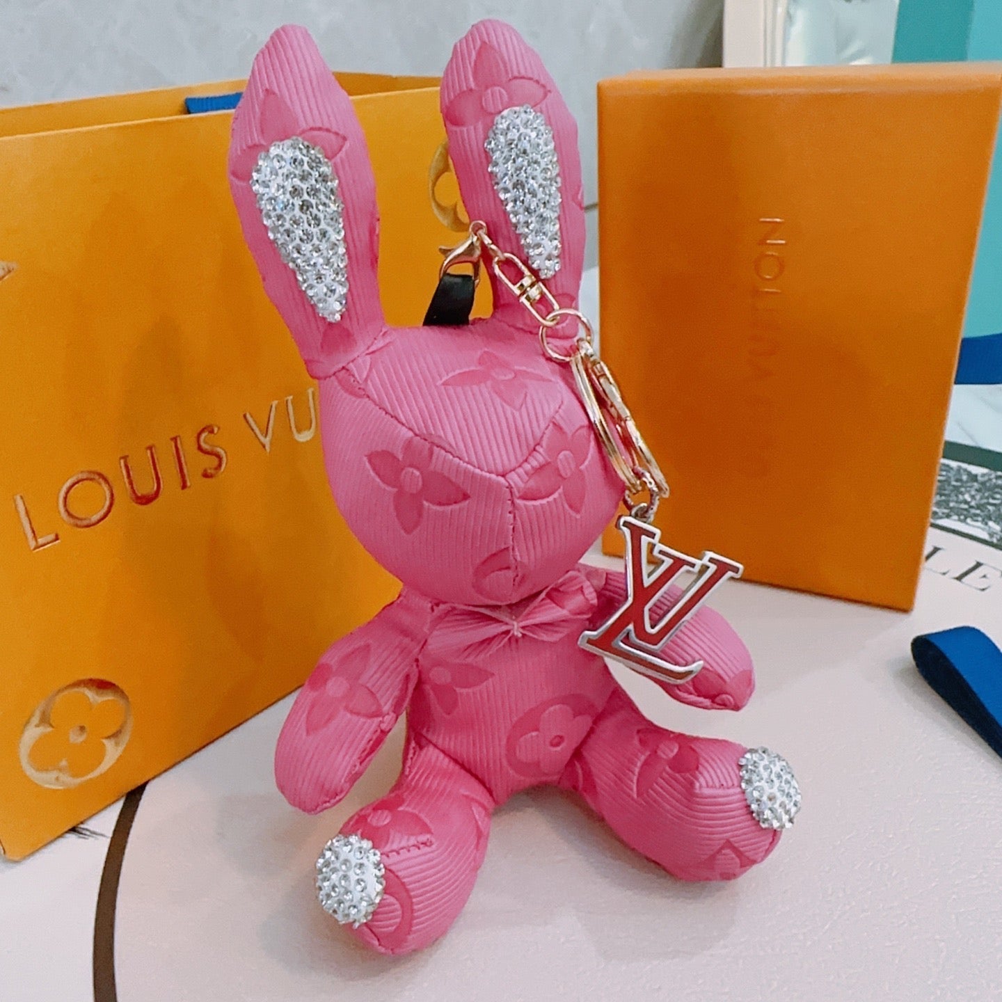 LV Pink Rabbit Charm With Rhinestone Accents