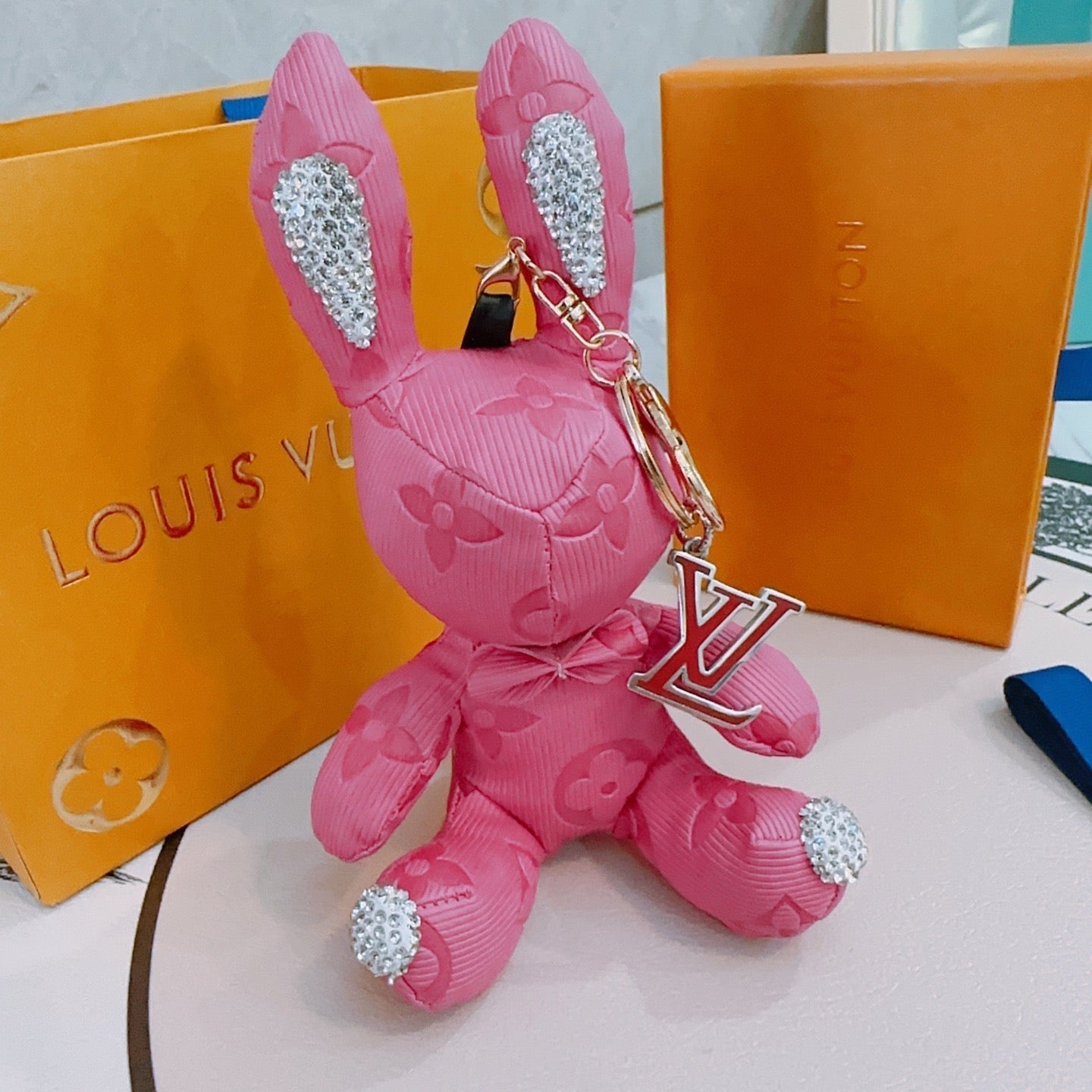 LV Pink Rabbit Charm With Rhinestone Accents