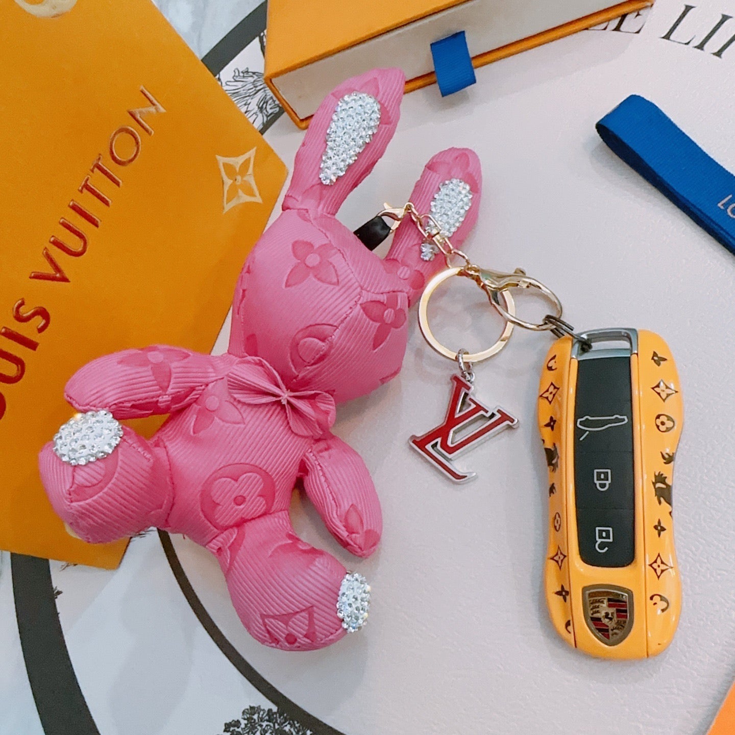 LV Pink Rabbit Charm With Rhinestone Accents