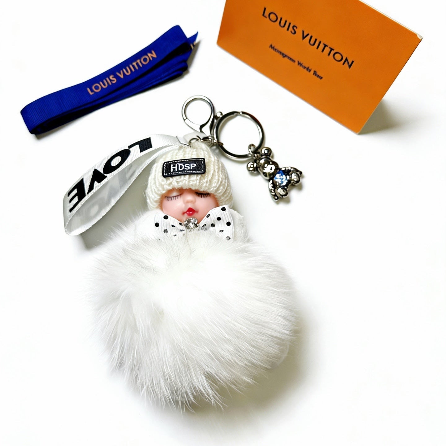 LV White Fluffy Plush Sleeping Baby Doll Charm