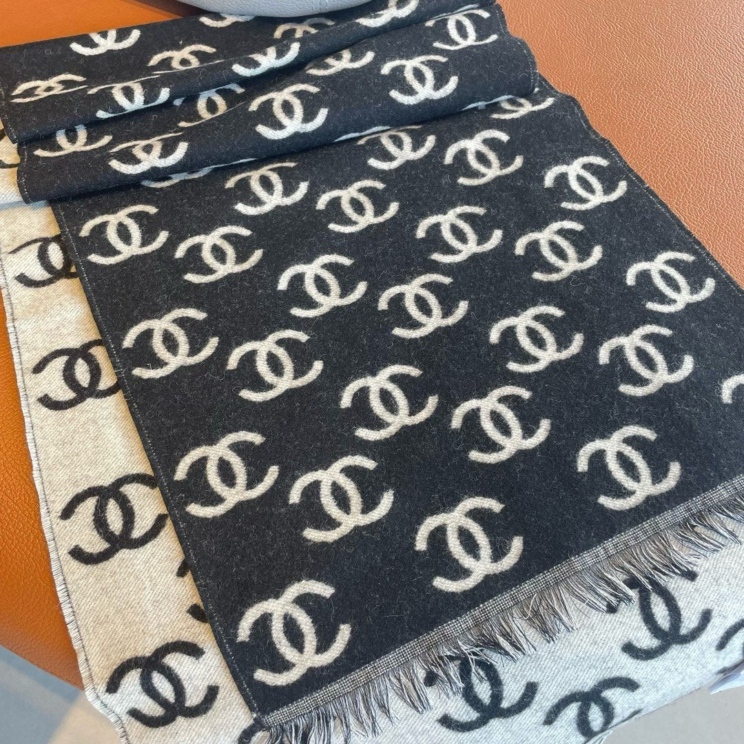 CC Scarf 180 CM In Black Mix Light Grey Print Logo Cashmere And Wool 413631