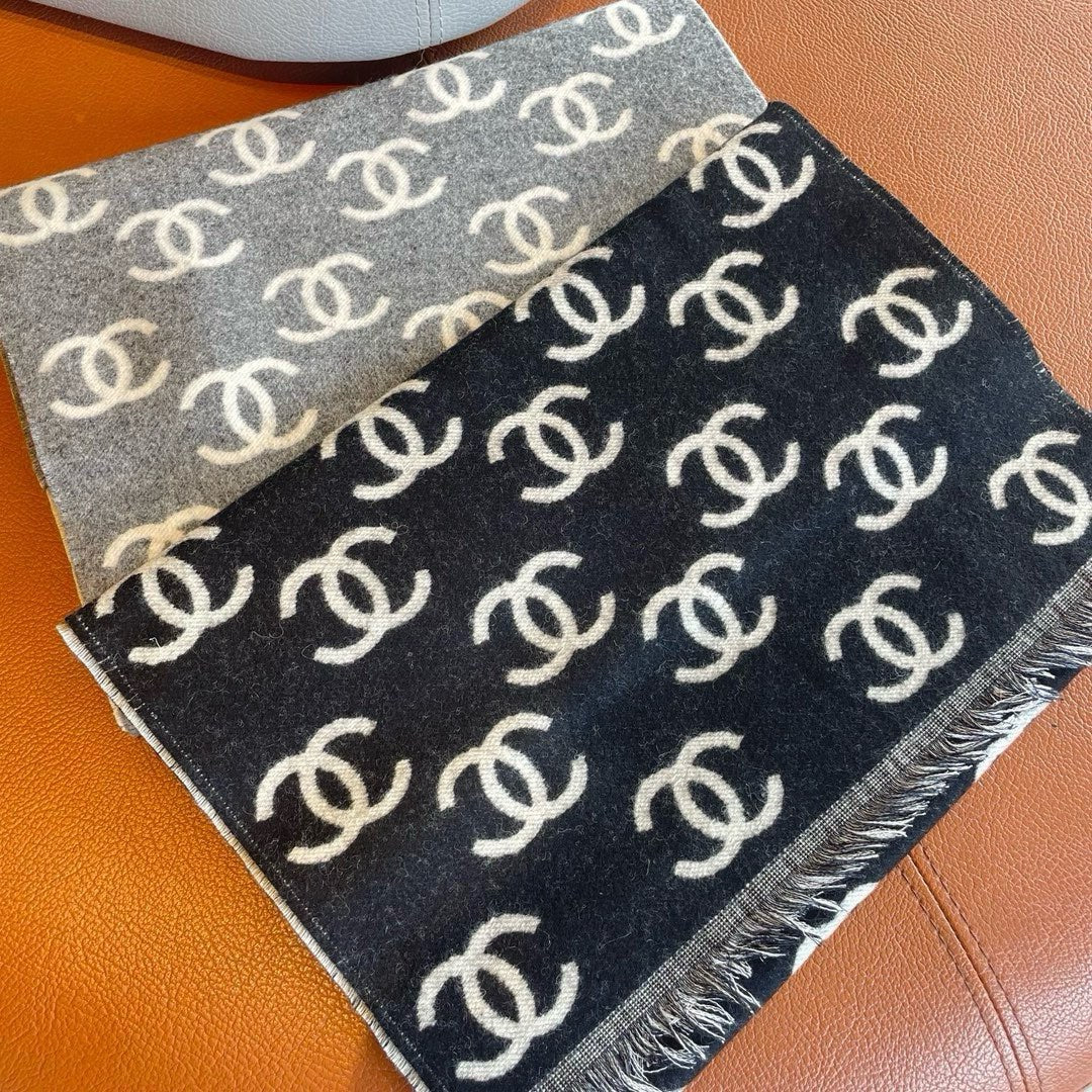 CC Scarf 180 CM In Black Mix Light Grey Print Logo Cashmere And Wool 413631