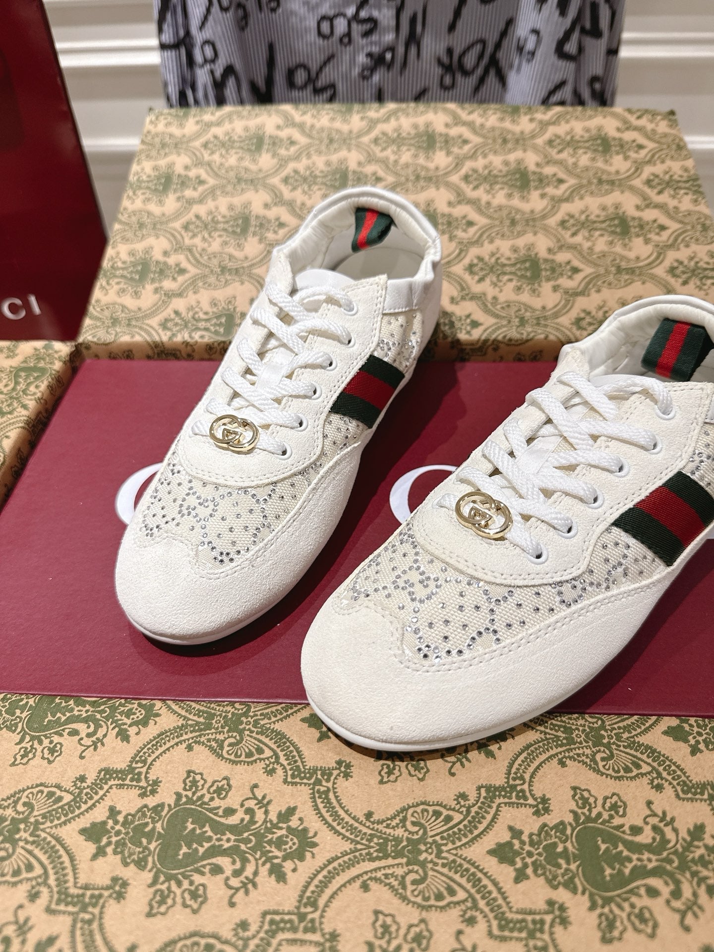 Gucci 2025 Shift GG Crystal Sneaker Off-white Suede Fabric