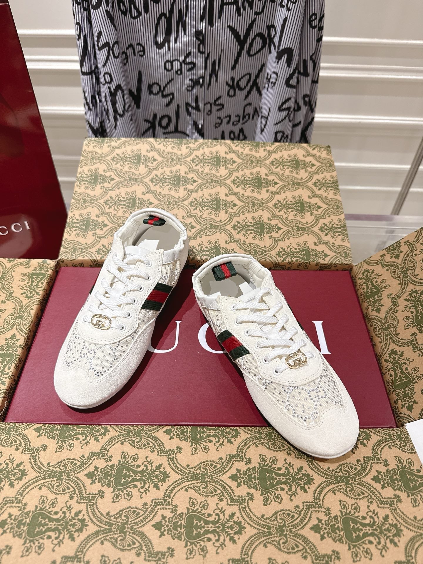 Gucci 2025 Shift GG Crystal Sneaker Off-white Suede Fabric