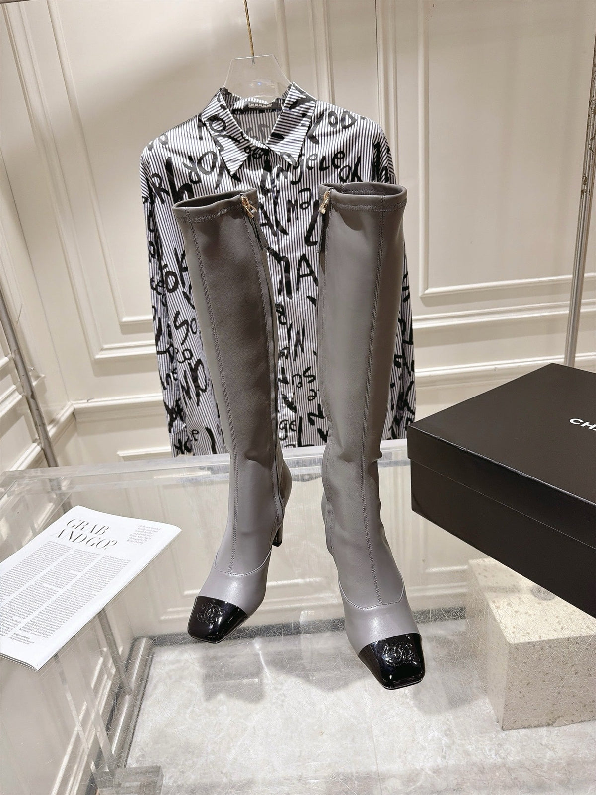 Chanel 2026 Square Toe Knee-High Boots 85mm Gray Leather 124273