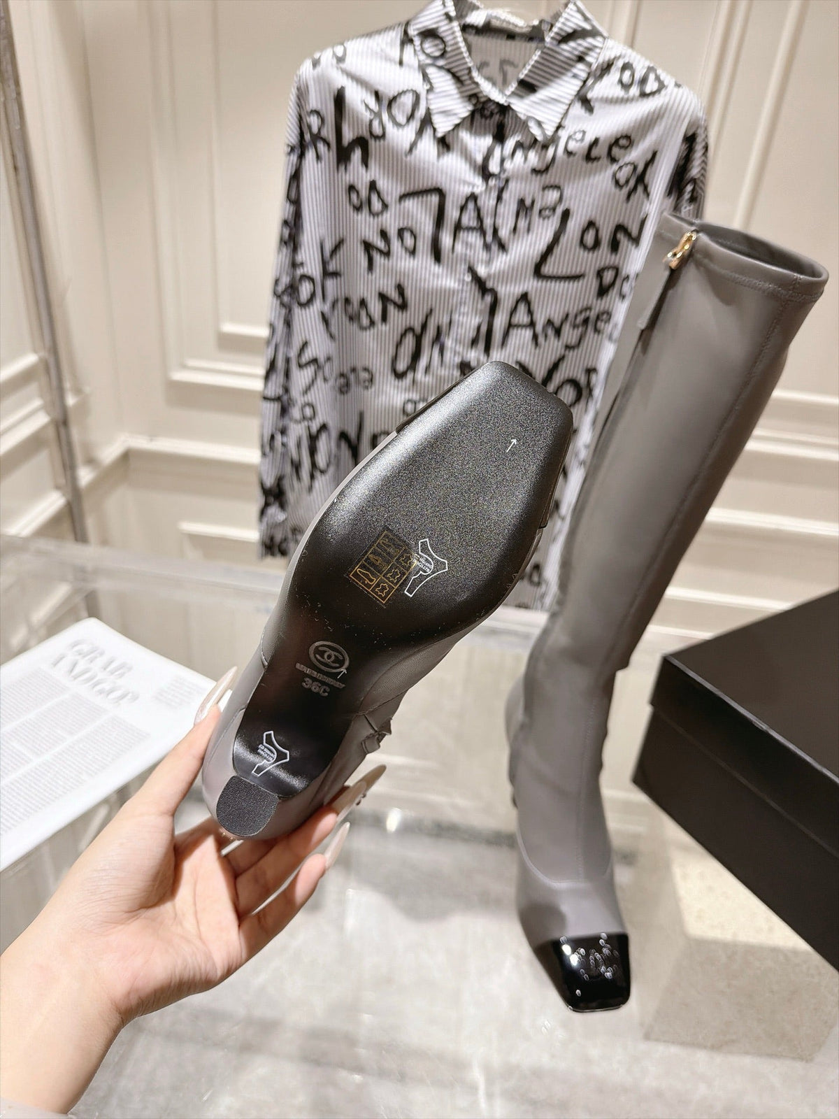 Chanel 2026 Square Toe Knee-High Boots 85mm Gray Leather 124273