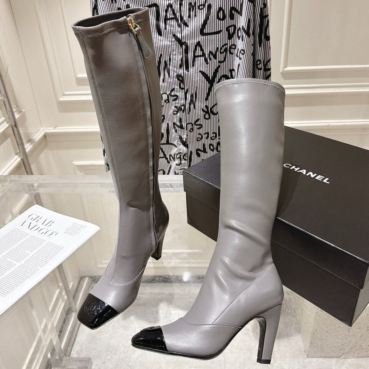 Chanel 2026 Square Toe Knee-High Boots 85mm Gray Leather 124273