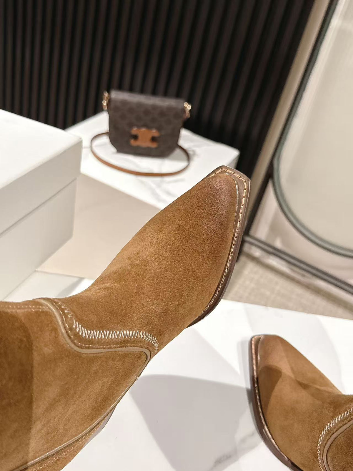 CELINE 25 Mid Calf Cowboy Boots Brown Suede 434425