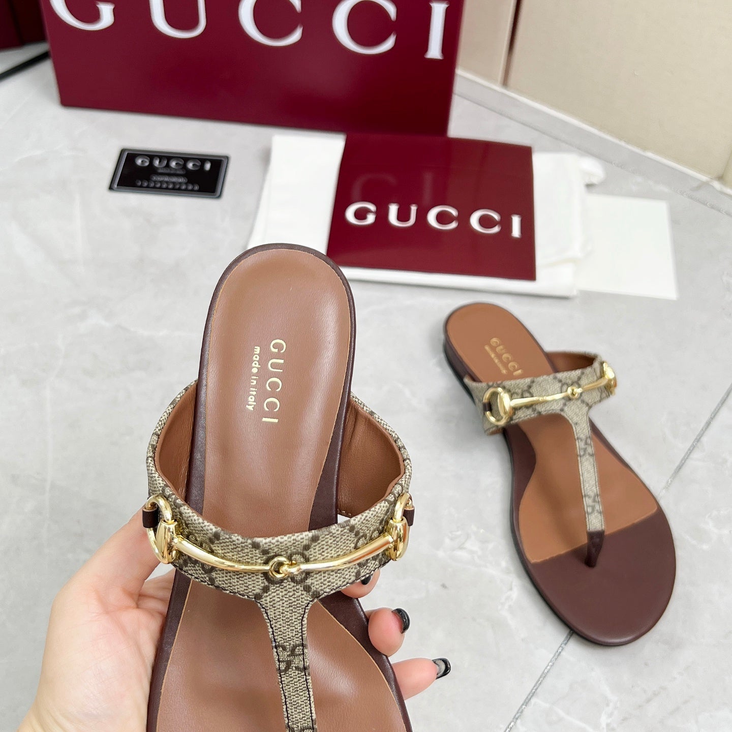 GC 25 Horsebit Thong Sandals Brown Canvas Leather 293854