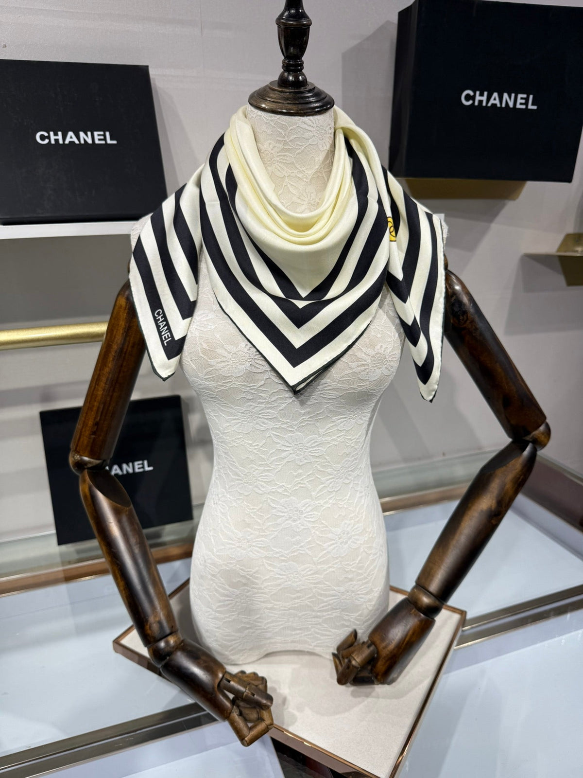 Chanel 2026 Pinstripe Scarf 90cm Black White Silk 209010