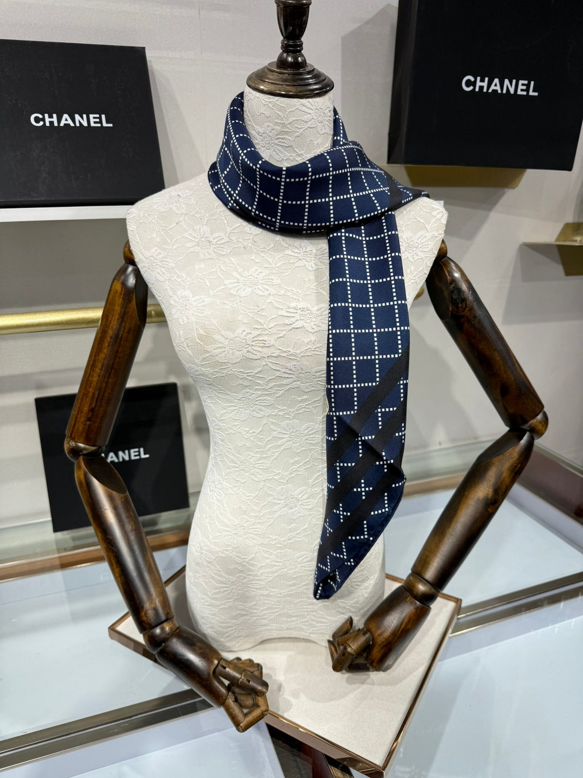 Chanel 2026 Pinstripe Scarf 90cm Navy Blue Silk 198207