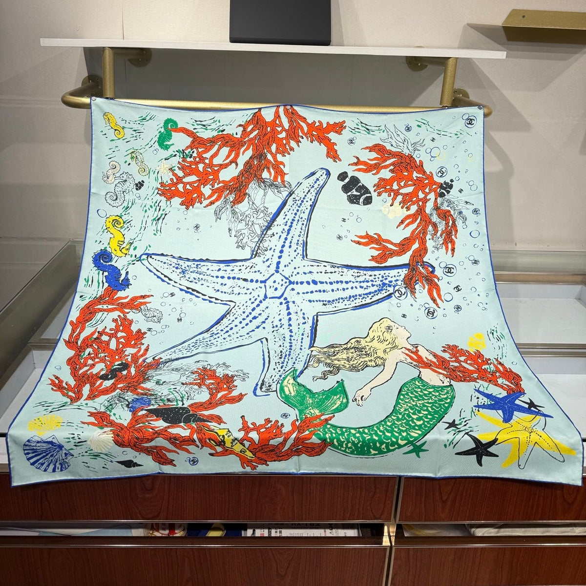 Chanel 2026 Coco Beach Scarf 90cm Blue Twill Silk 211477