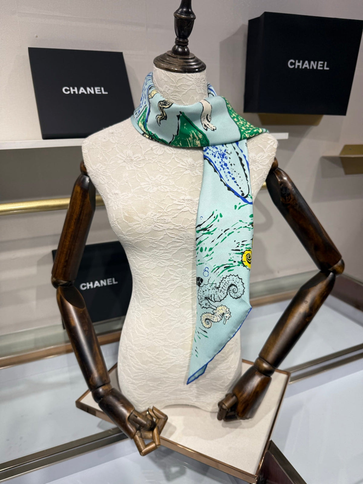 Chanel 2026 Coco Beach Scarf 90cm Blue Twill Silk 211477