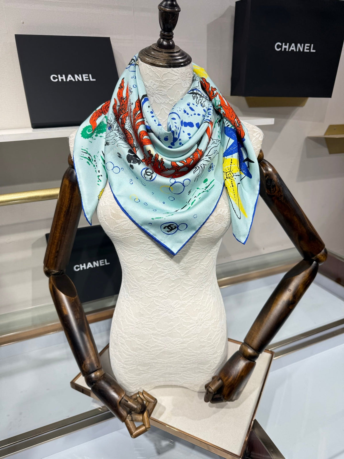 Chanel 2026 Coco Beach Scarf 90cm Blue Twill Silk 211477