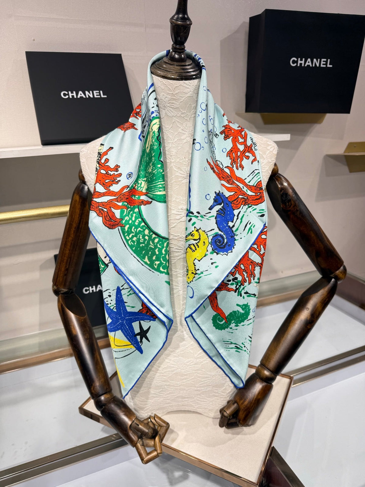 Chanel 2026 Coco Beach Scarf 90cm Blue Twill Silk 211477