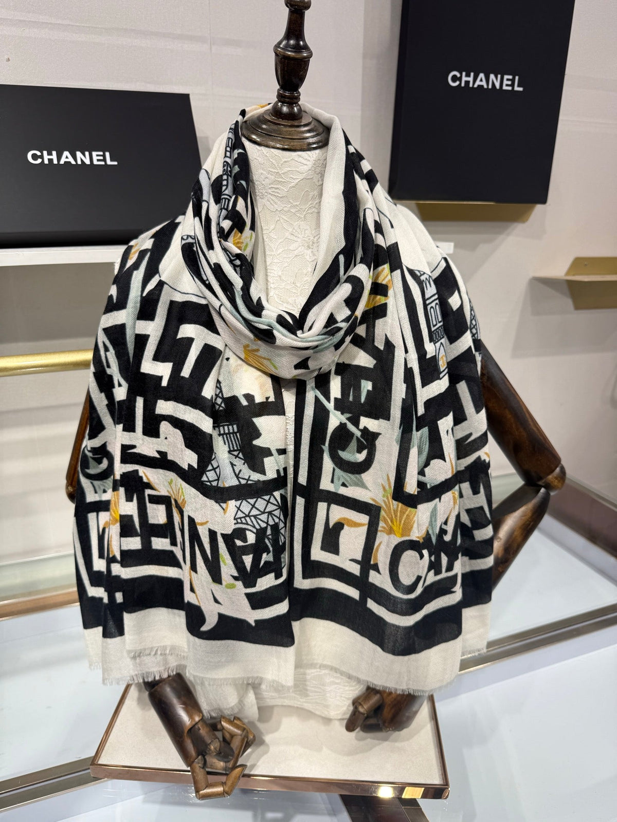 Chanel 2026 Architectural Motif Scarf 200cm Cashmere 213271