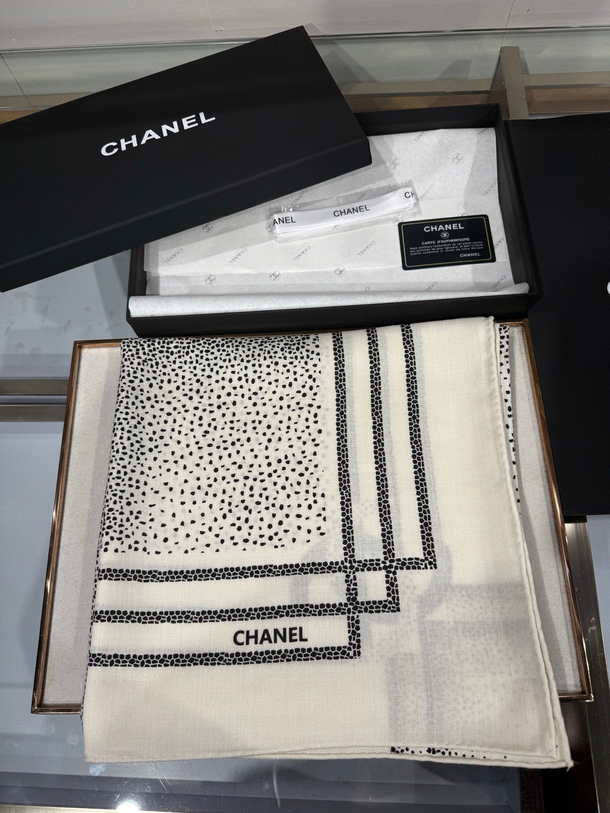 Chanel 2026 Polka Dot Scarf 140cm Black White Cashmere And Silk 217763