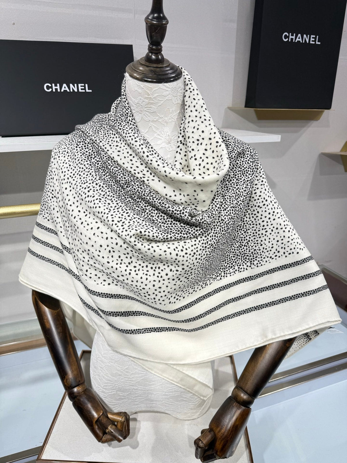 Chanel 2026 Polka Dot Scarf 140cm Black White Cashmere And Silk 217763