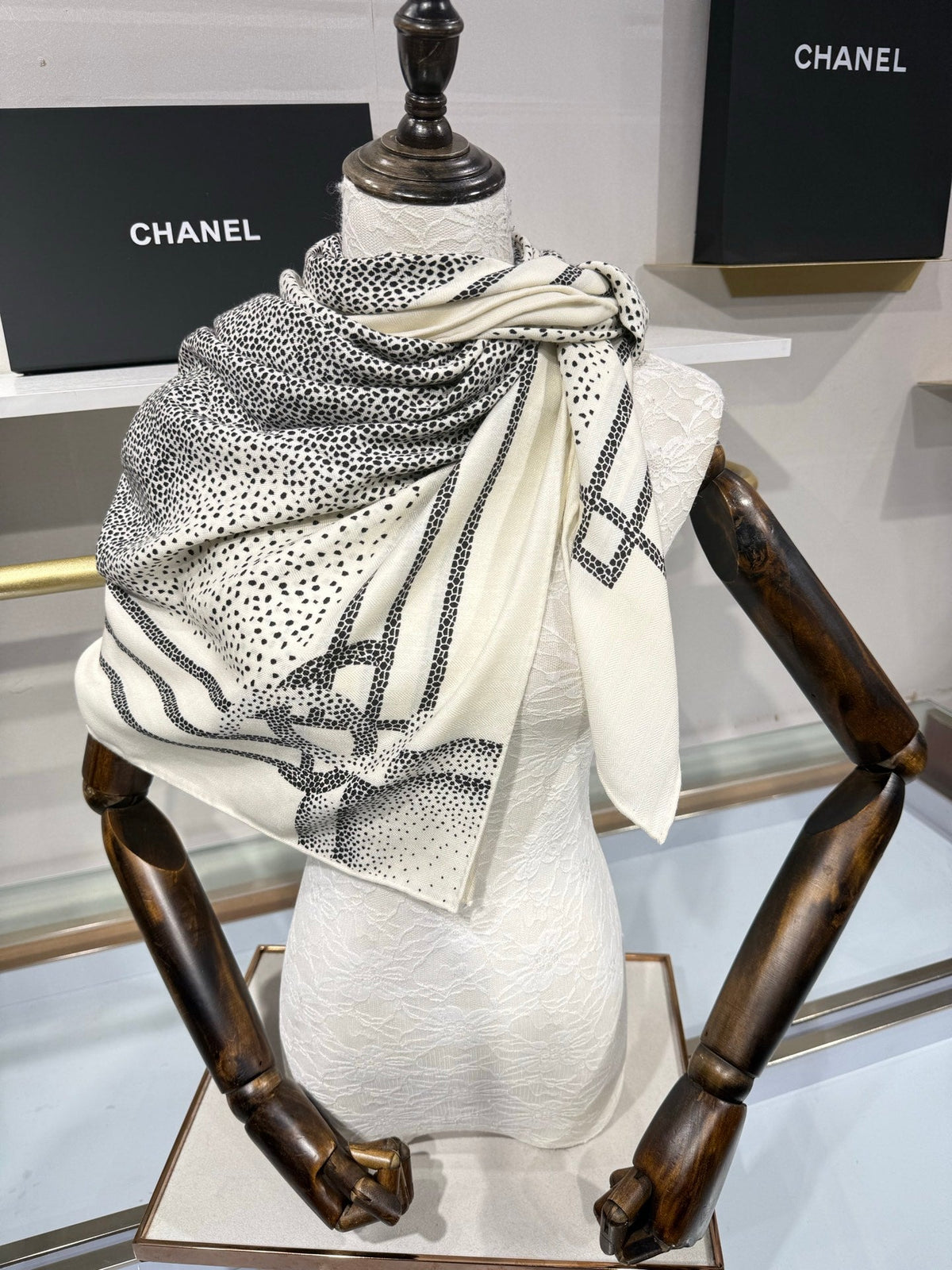 Chanel 2026 Polka Dot Scarf 140cm Black White Cashmere And Silk 217763