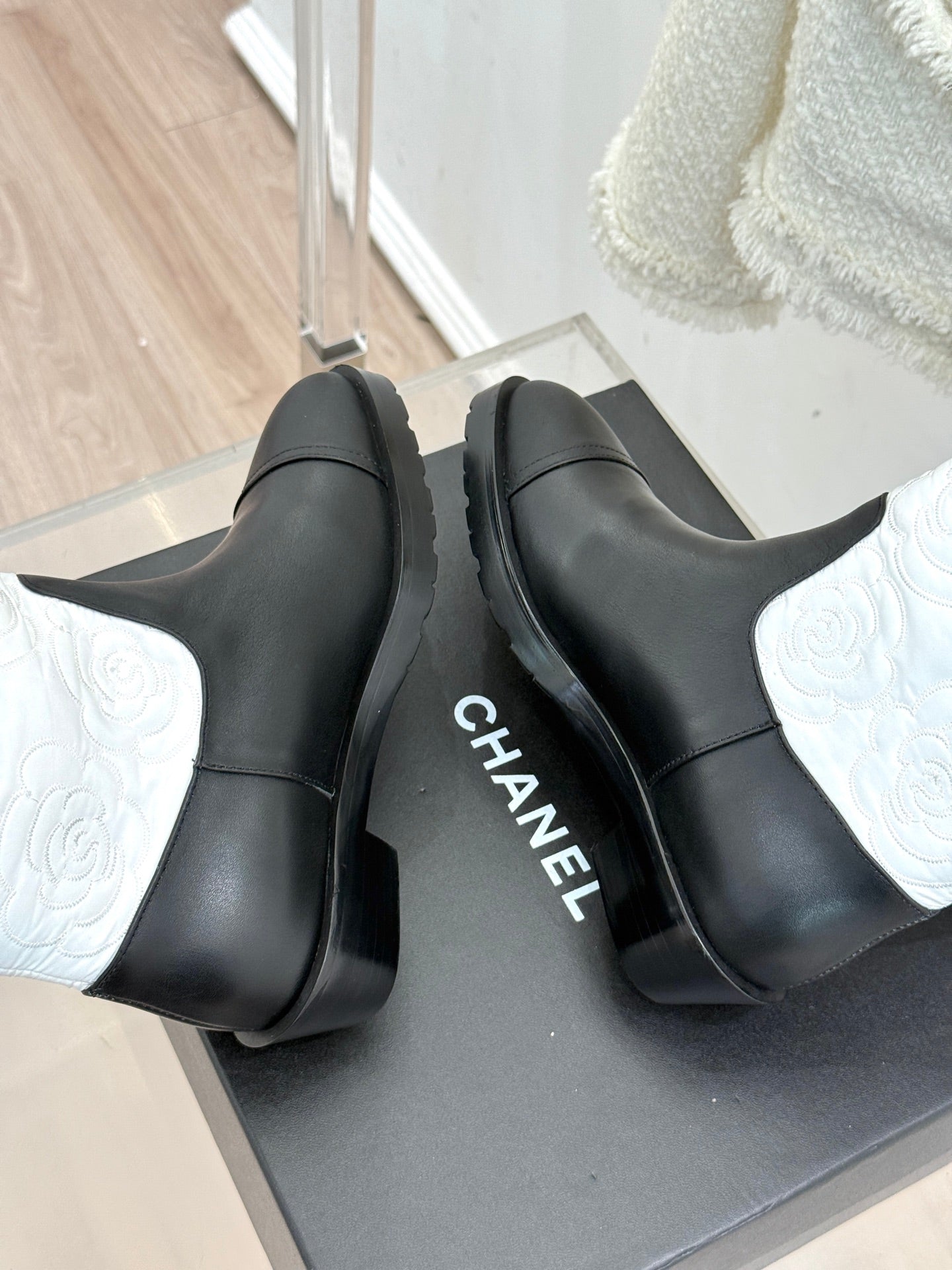 CC cowboy mid-calf boots black white sheepskin denim fabric 511981