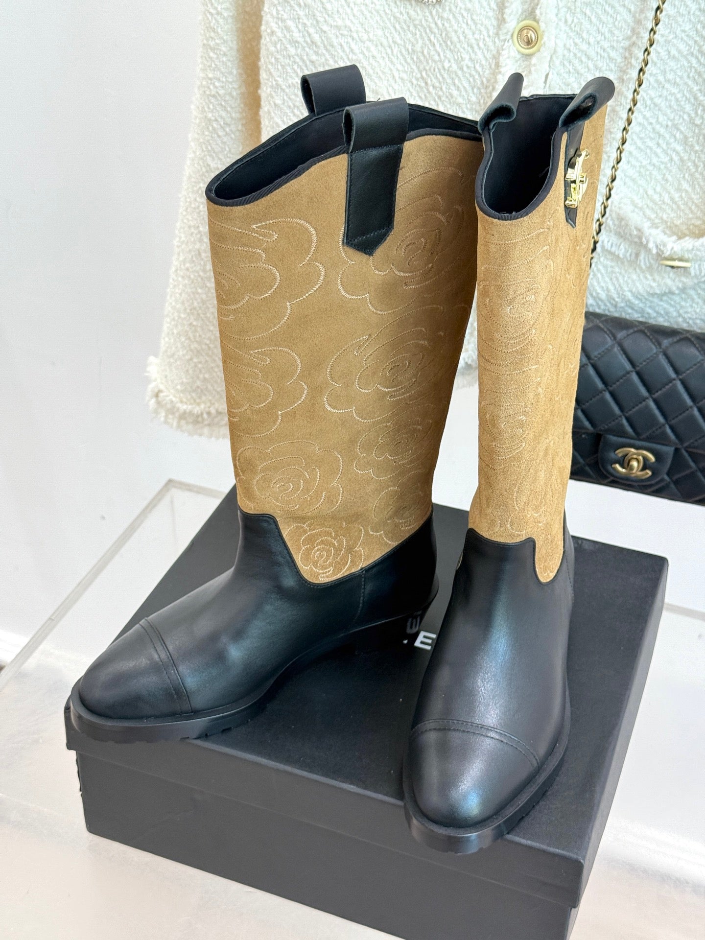 CC cowboy mid-calf boots black brown sheepskin suede 511983